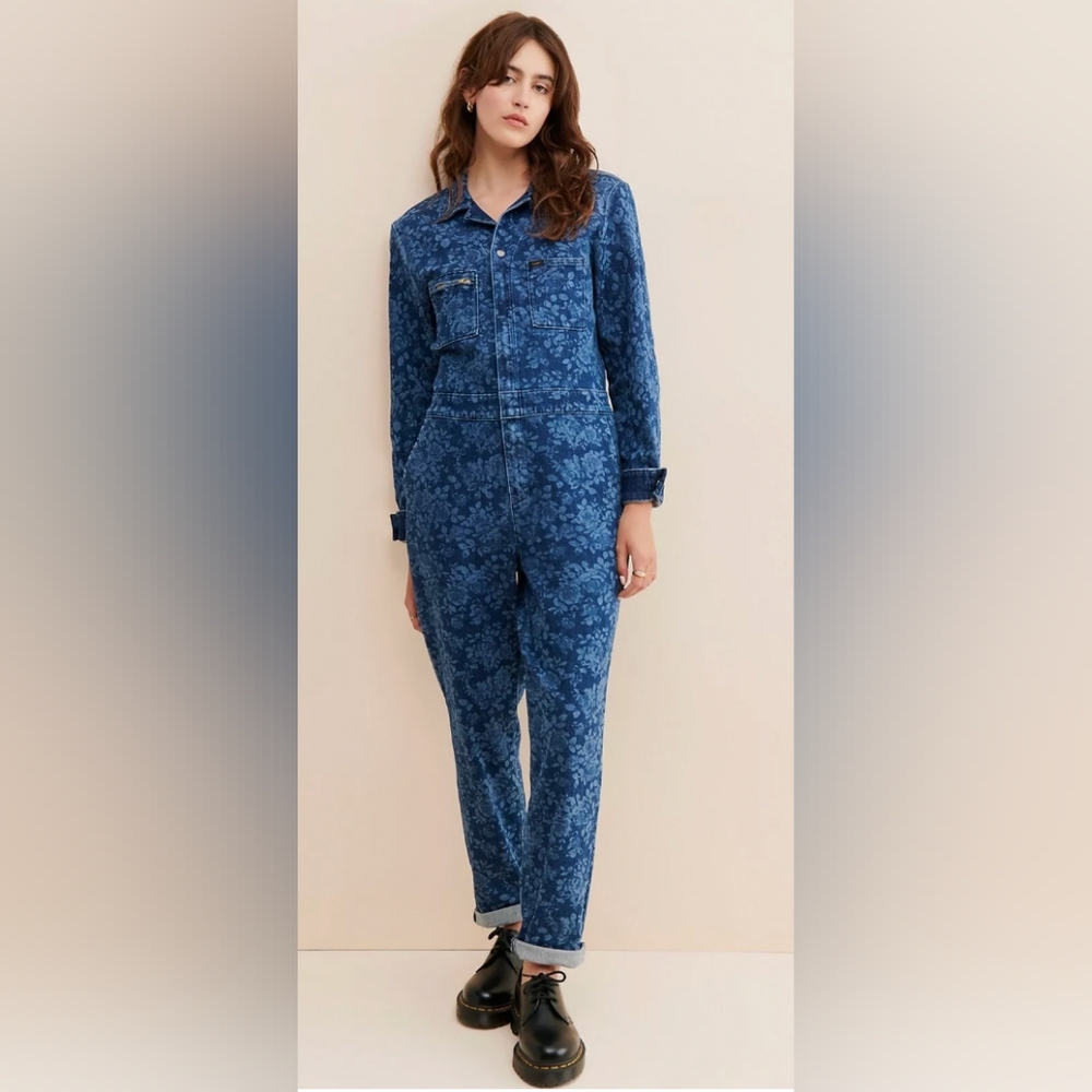 Lee Union Alls x Free People Vintage Floral Print Denim Coverall Blue Small NWT